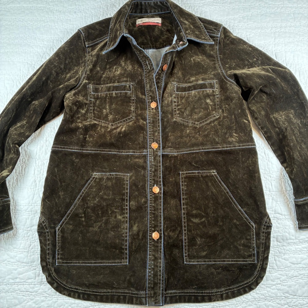 Pilcro Anthropologie Flocked Velvet Denim Shirt Jacket Green Utility Boho Earthy
